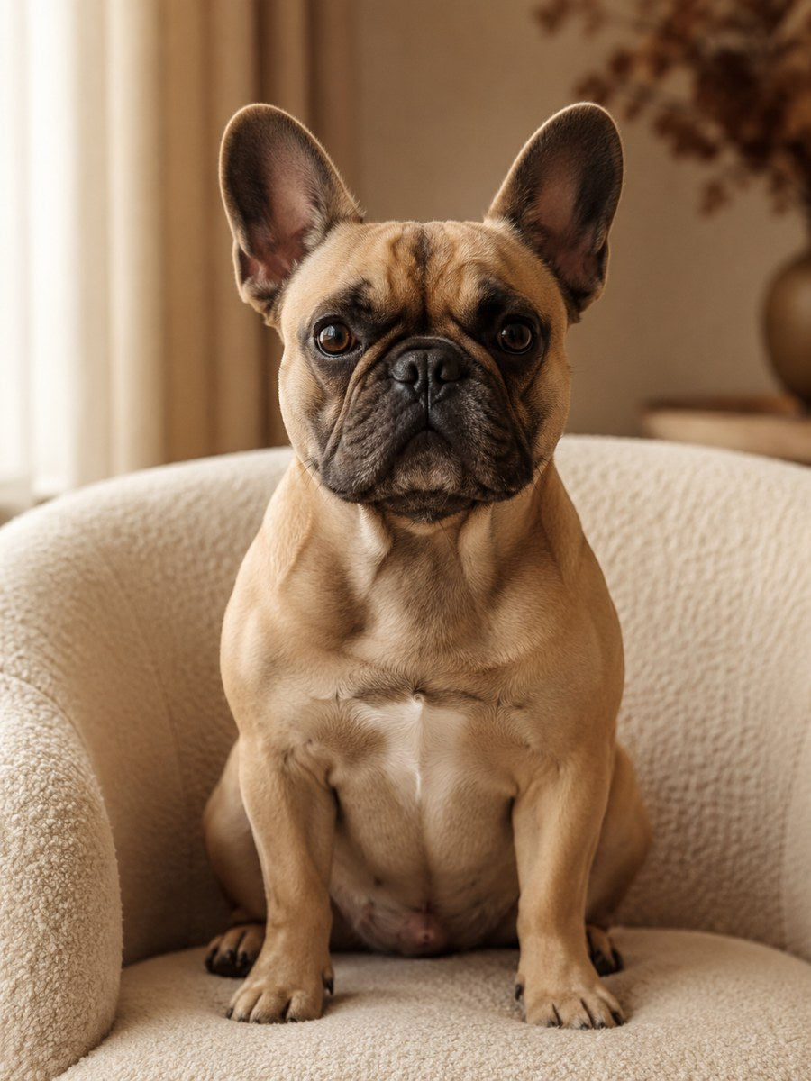Cove Companions - a French Bulldog on a cream boucle chair