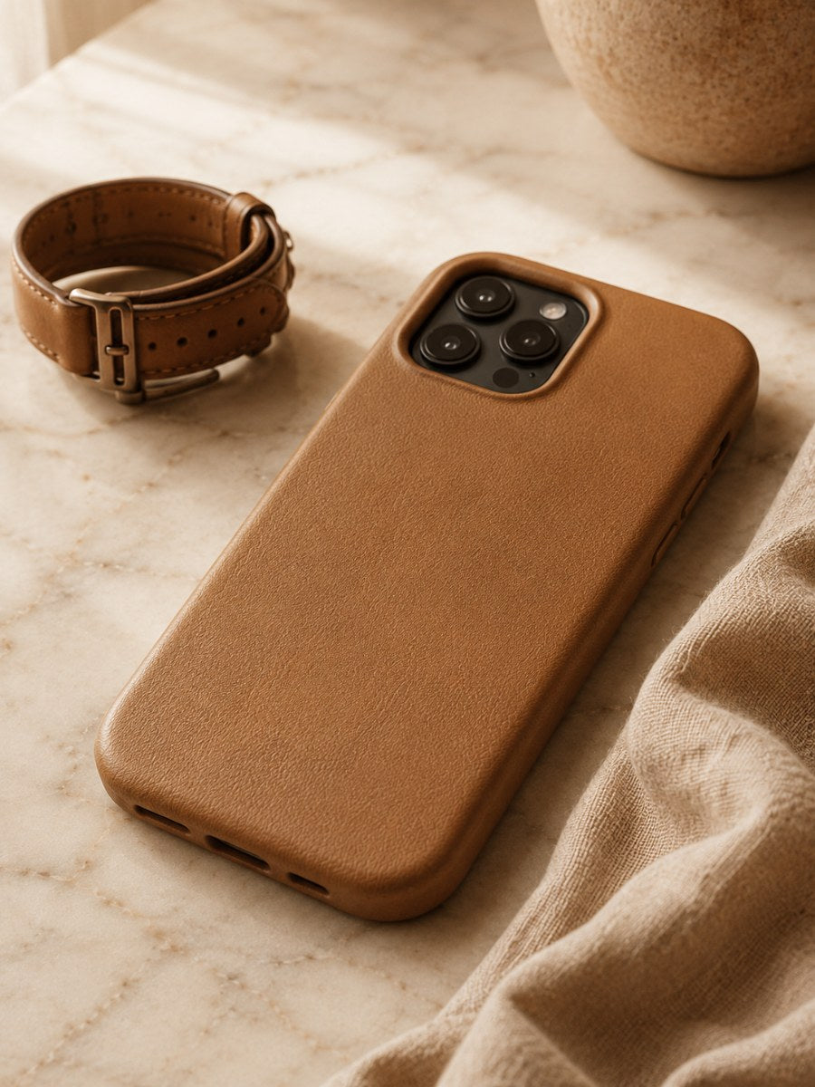A tan leather phone case and matching watch strap on marble