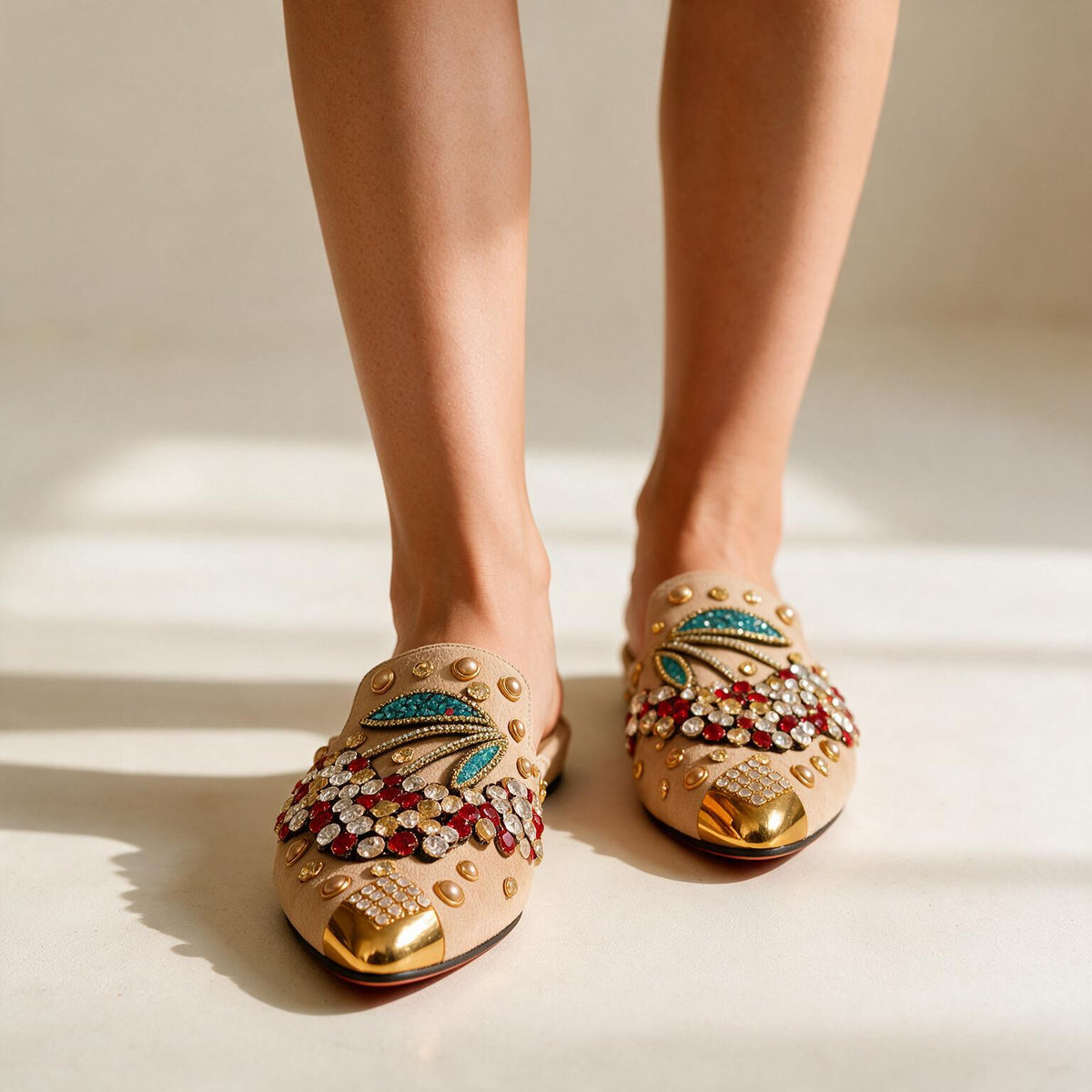 Harper Lane Cherry jewelled mules worn