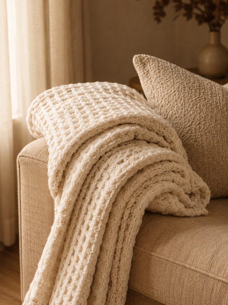 A cream waffle-knit throw over a linen sofa