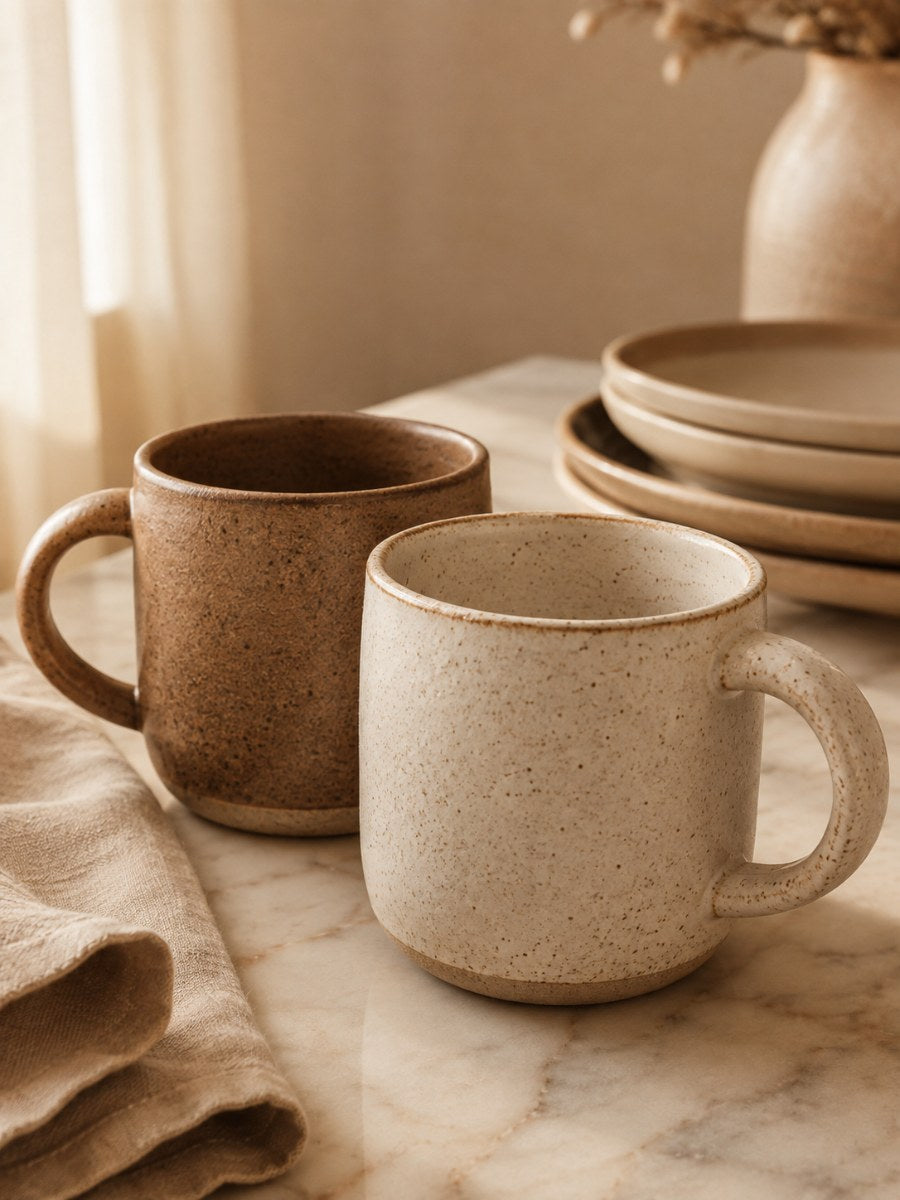 Handmade stoneware mugs and plates on marble