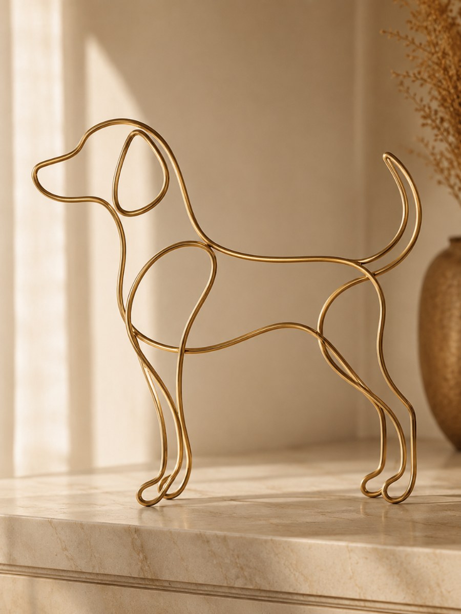 A brushed brass single-line dog sculpture on marble