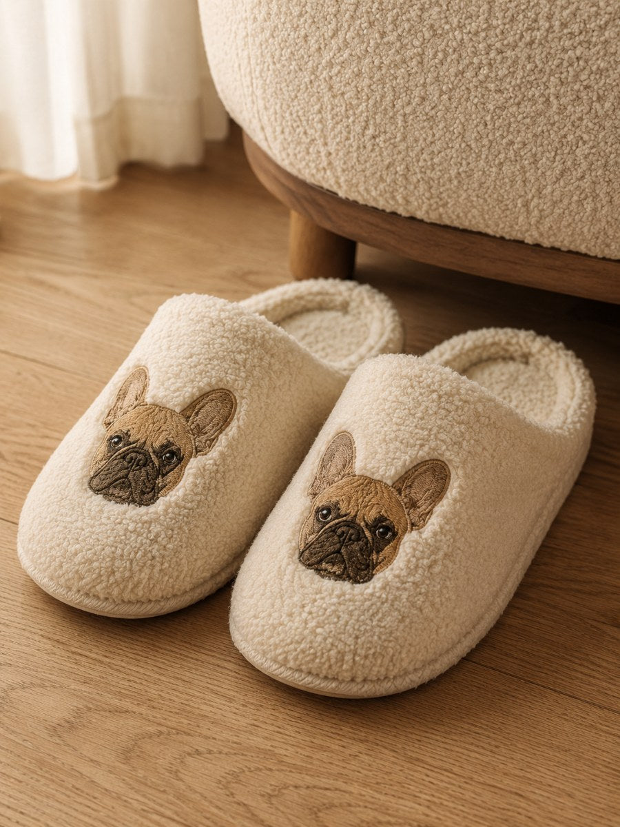 Cream slippers with an embroidered French Bulldog face