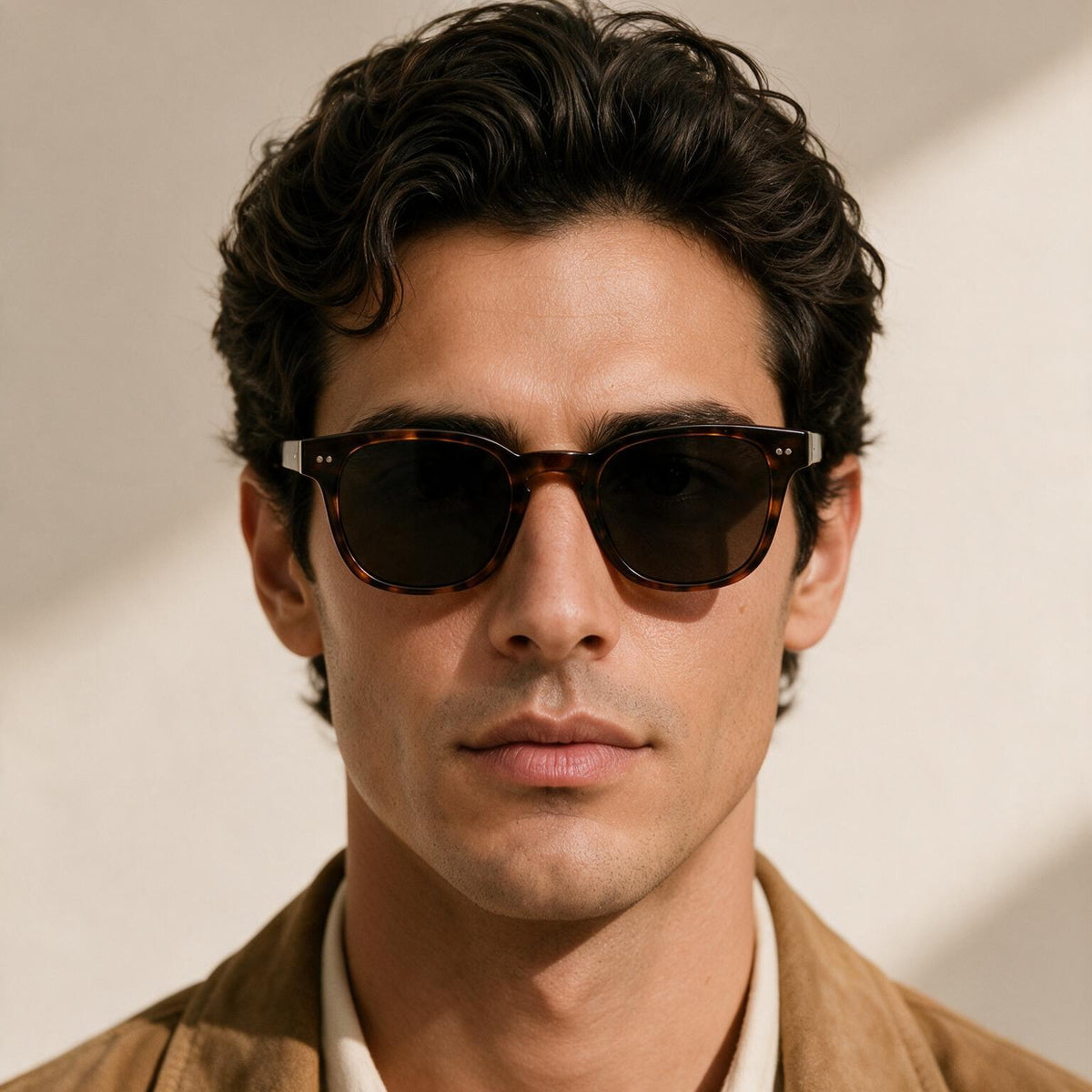 Man wearing square tortoiseshell sunglasses