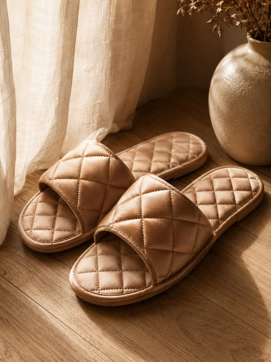 Quilted camel satin slide slippers on a warm oak floor