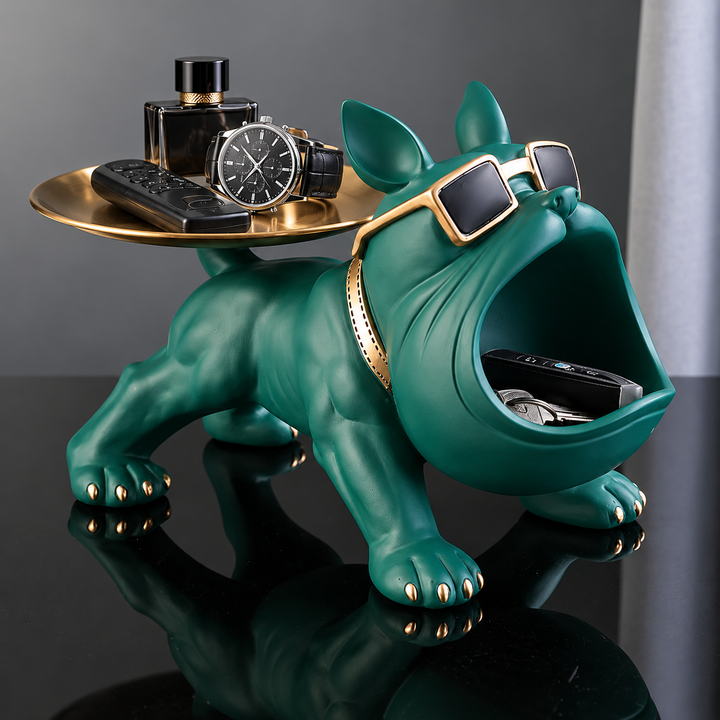 Hunter Green french bulldog tray with a gold-tone tray on its back and keys in its open mouth