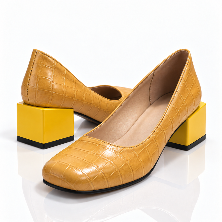 Yellow square toe pumps with a matching yellow 2 inch block heel