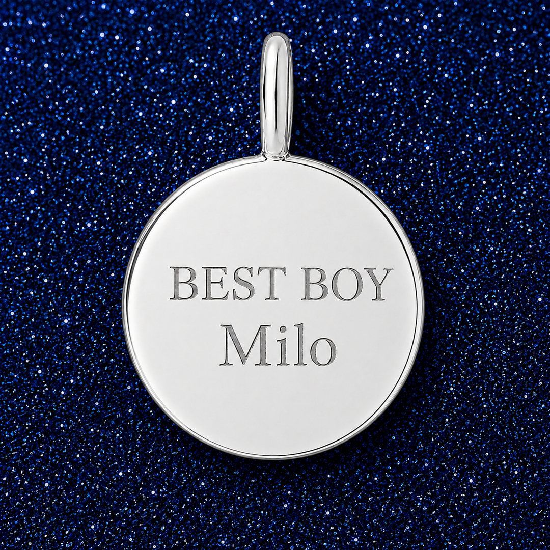Silver disc charm engraved BEST BOY with a pet name