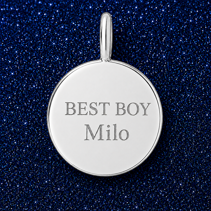 Silver disc charm engraved BEST BOY with a pet name
