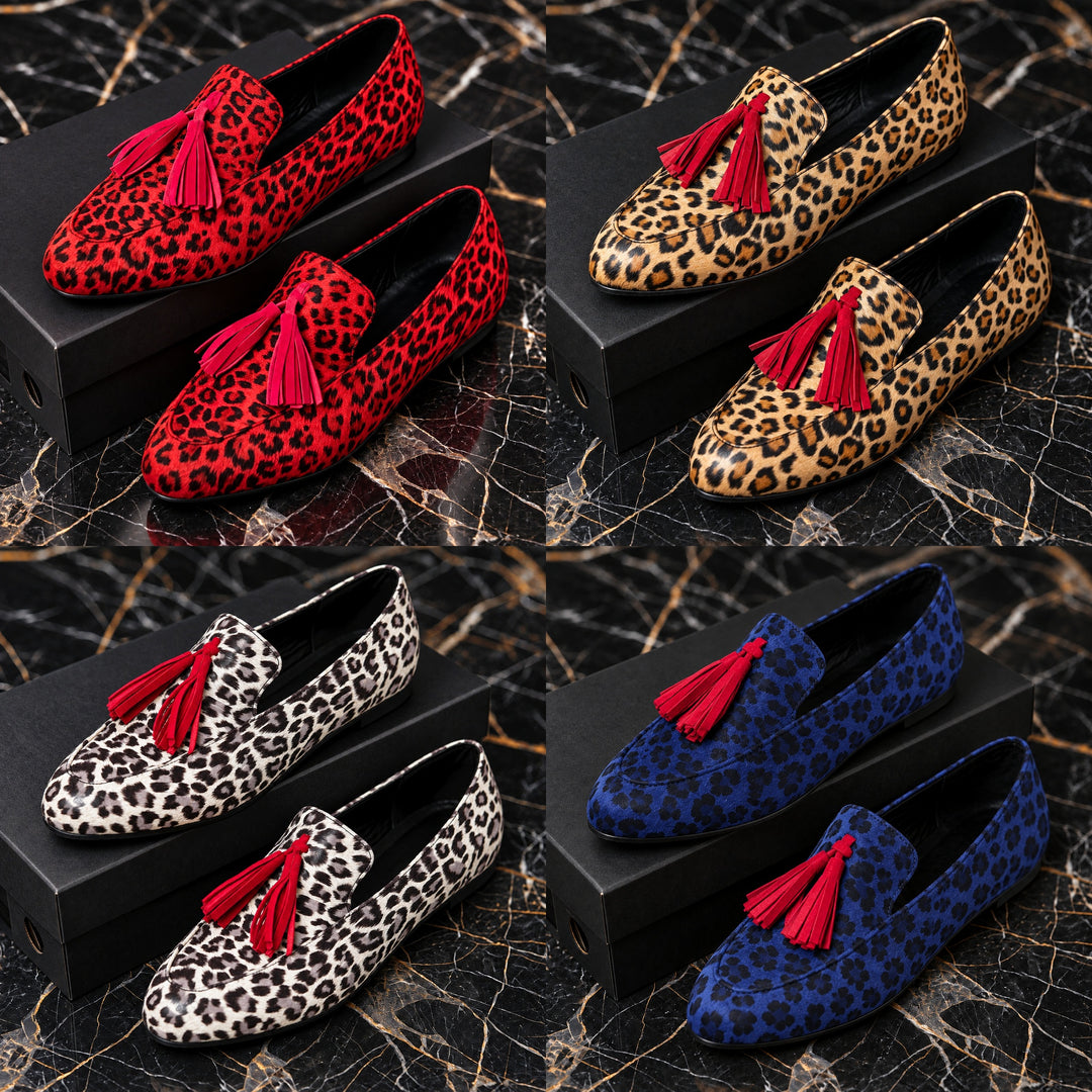 Nola Leopard Tassel Loafers in all four colorways, red, honey, white and navy leopard, each with a red tassel