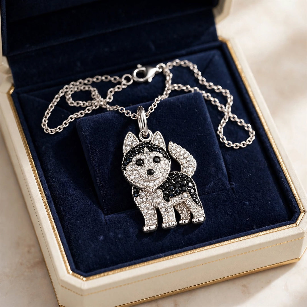 Husky necklace with a rhinestone pave husky pendant on a silver-tone chain
