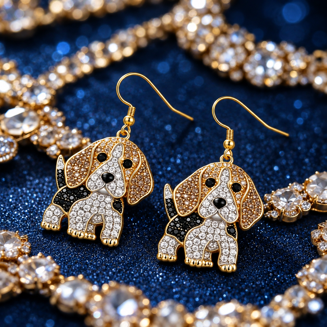 Beagle earrings shown beside a rhinestone bracelet, seated pose with front paws forward