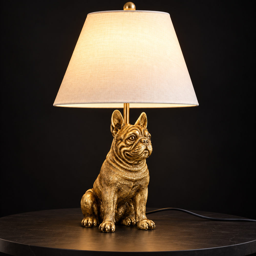 Hand-engraved fur detail on the gold resin French Bulldog lamp base