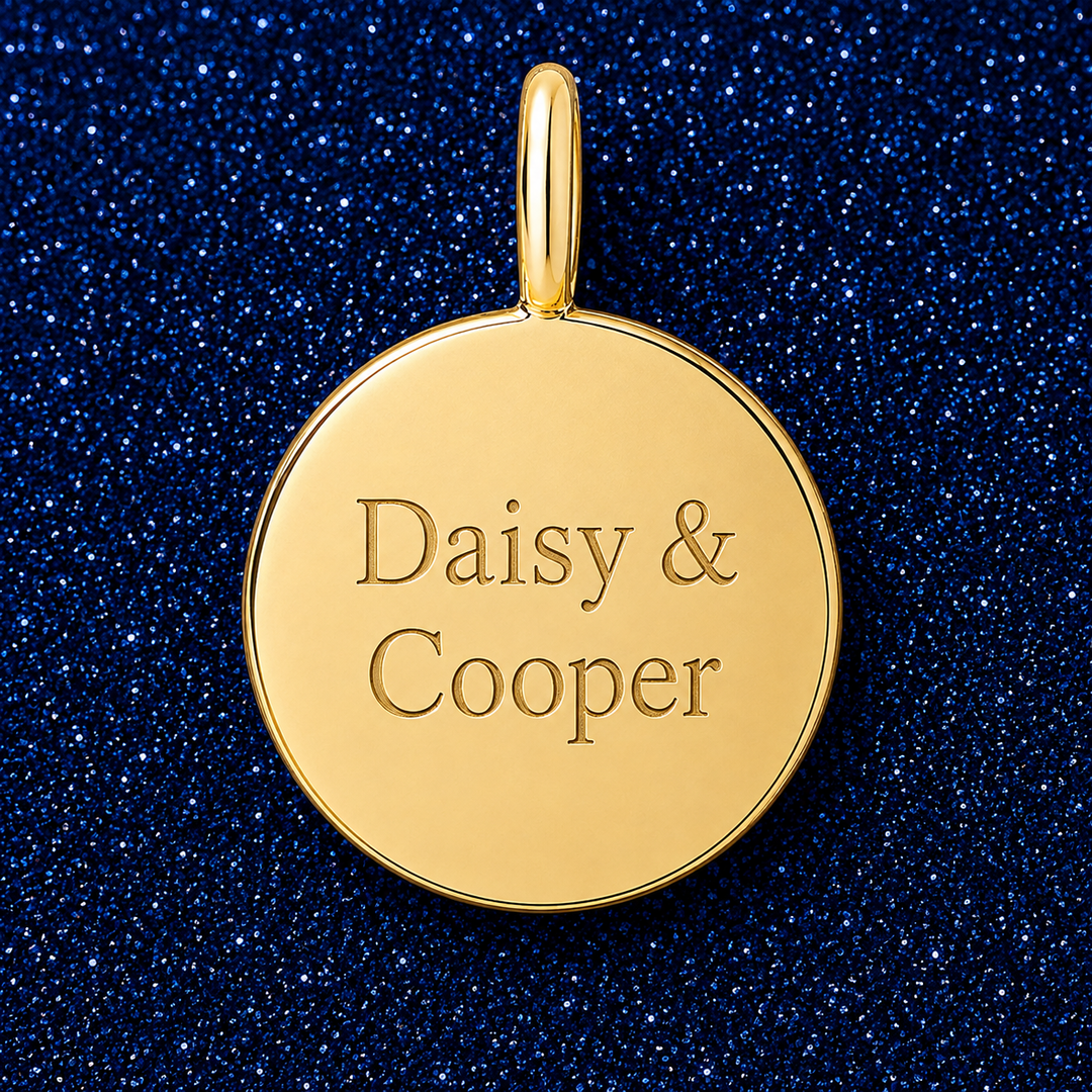 Gold disc charm engraved with two pet names