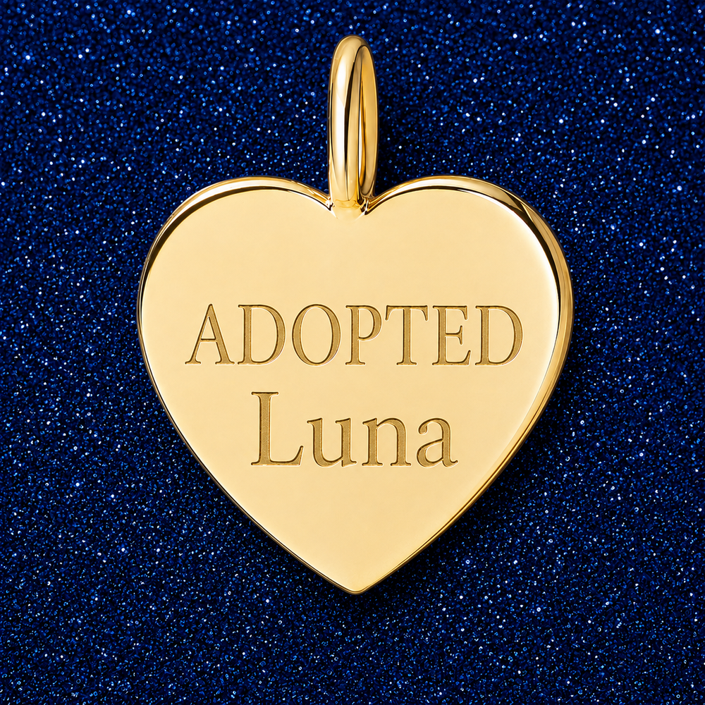 Gold heart charm engraved ADOPTED with a pet name