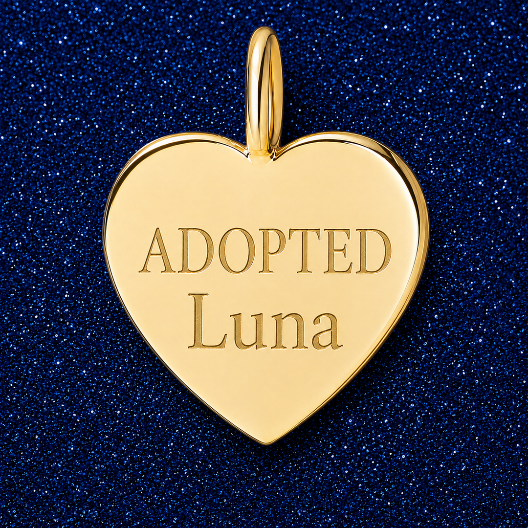 Gold heart charm engraved ADOPTED with a pet name