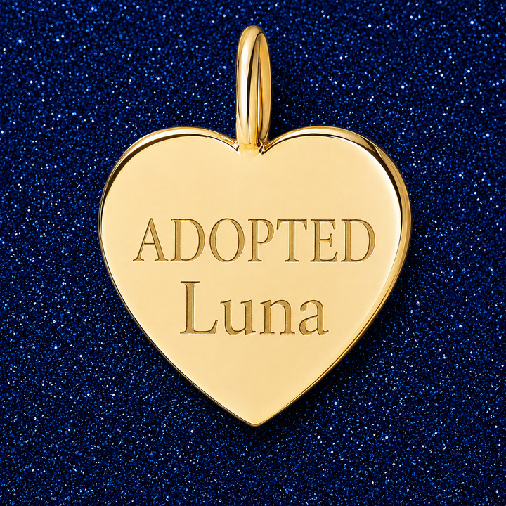 Gold heart charm engraved ADOPTED with a pet name