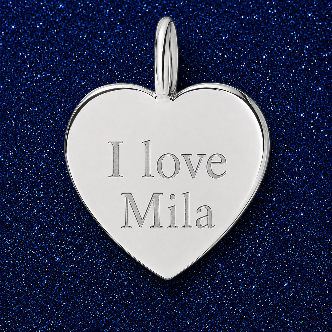 Silver heart charm engraved I love with a pet name