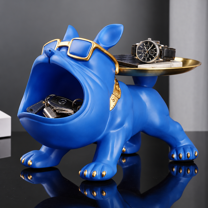 Cobalt Blue french bulldog tray with a gold-tone tray on its back and keys in its open mouth