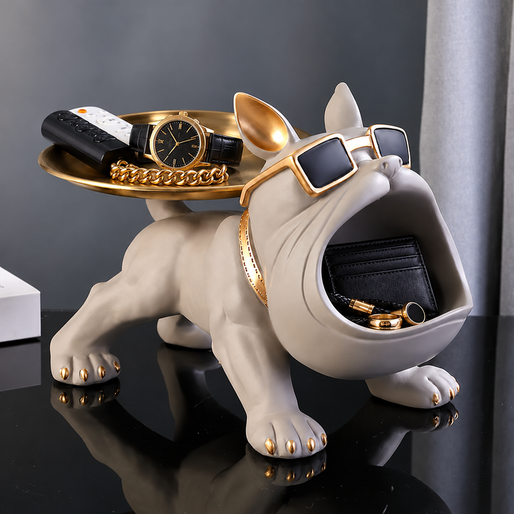 Stone Gray french bulldog tray with a gold-tone tray on its back and keys in its open mouth
