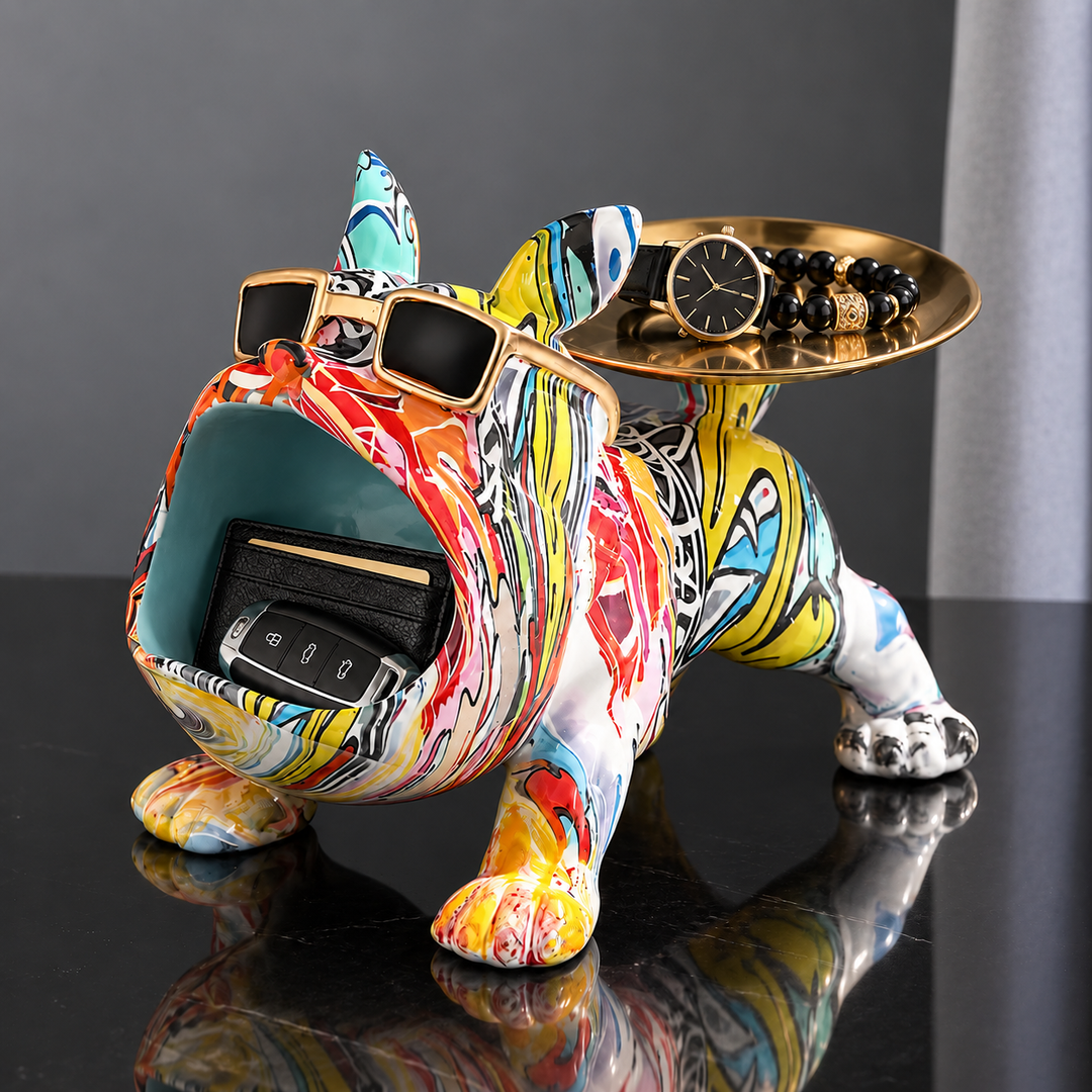 Graffiti Pop french bulldog tray hand-painted in multicolor street art, gold-tone tray on its back and keys in its open mouth