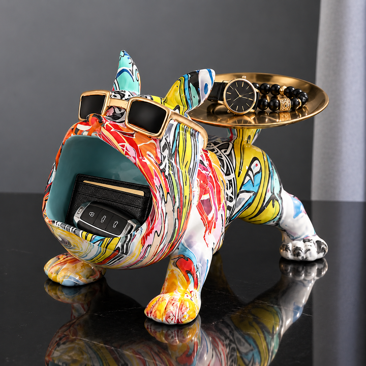 Graffiti Pop french bulldog tray hand-painted in multicolor street art, gold-tone tray on its back and keys in its open mouth