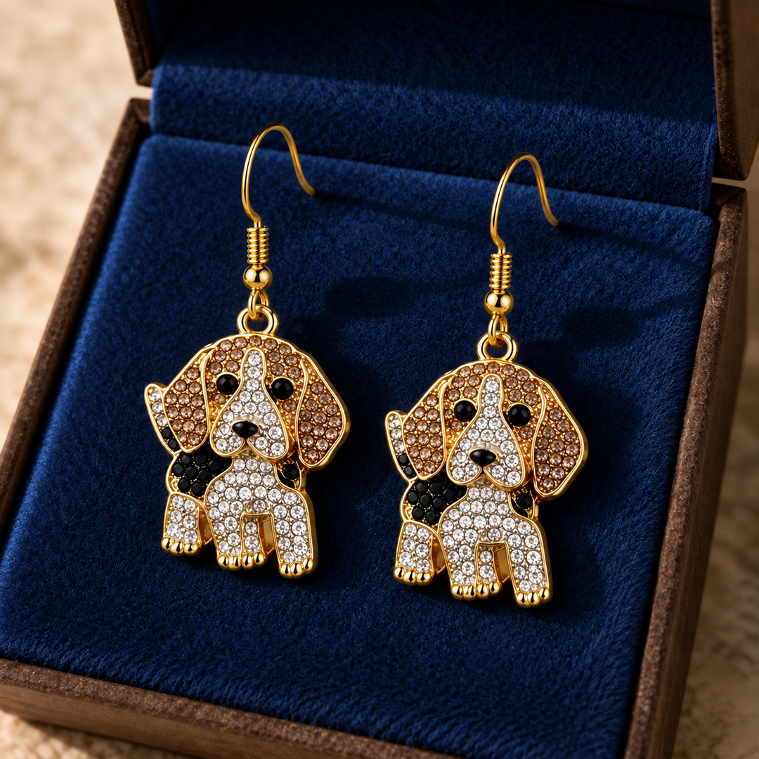 Beagle earrings in a navy presentation box, gold-tone zinc alloy with rhinestone pave