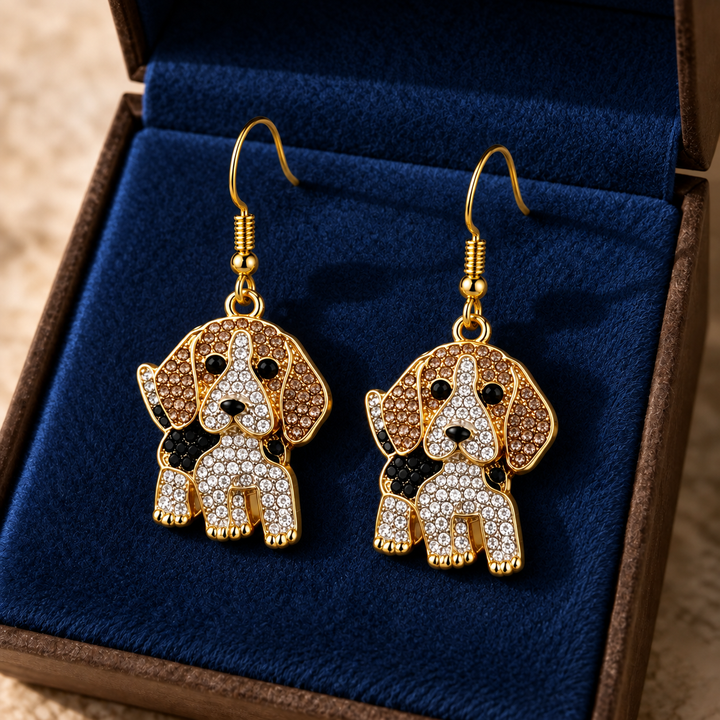 Beagle earrings in a navy presentation box, gold-tone zinc alloy with rhinestone pave