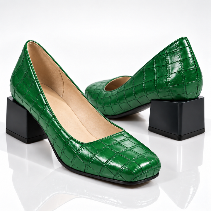 Green croc-textured square toe pumps with a black block heel