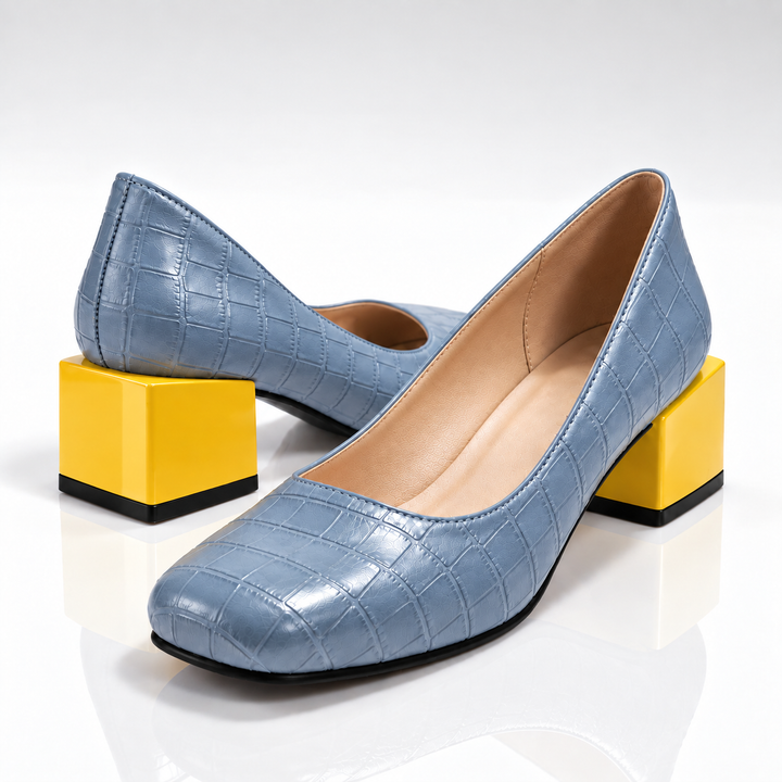 Blue square toe pumps with a contrasting yellow block heel