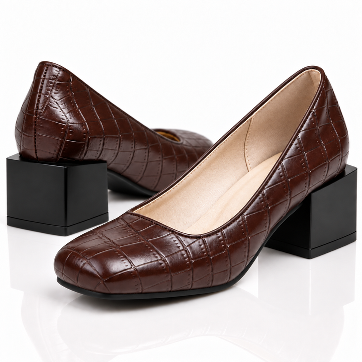 Brown croc-textured square toe pumps with a contrasting black block heel