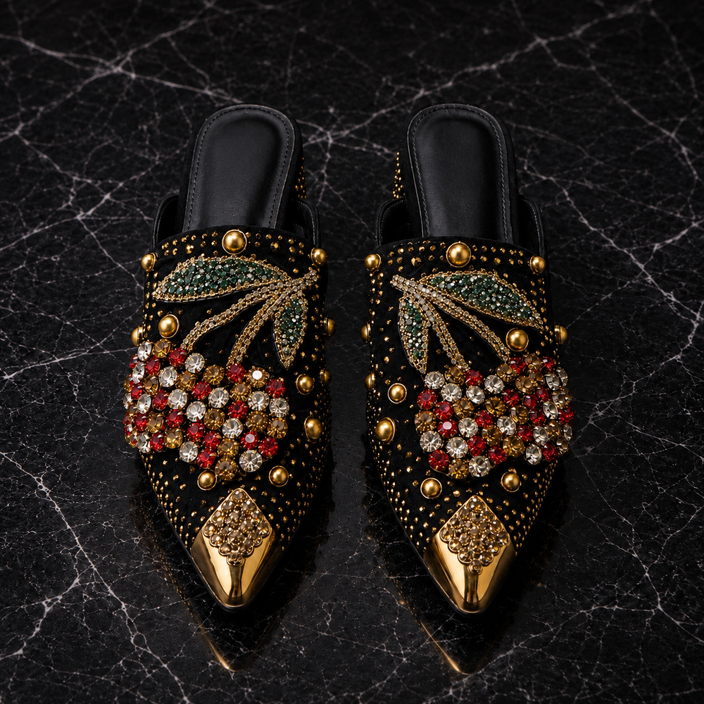 Cherry charm heel with a crystal cherry detail on the toe, shown from another angle