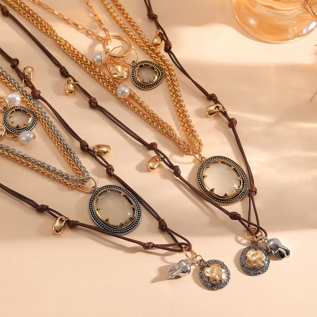 Geometric imitation pearl resin pendant with multiple layers for wearing, summer women's necklace, women's fashion