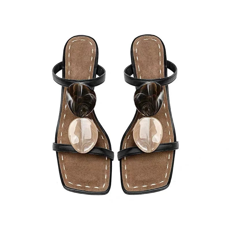 Flip-Flops Summer New Square Toe Open Toe Western Wind Non-Slip Kitten Heels