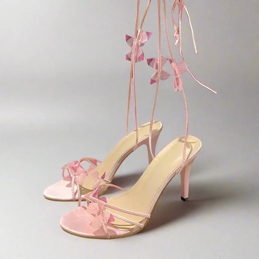 Pink Lace Up Butterfly Heels