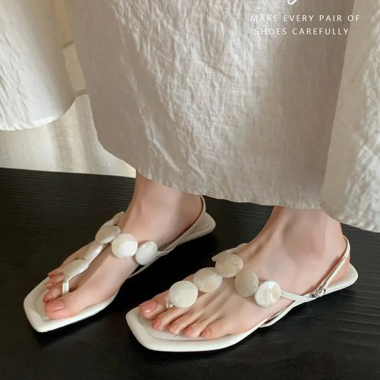 Korean Edition Simple Toe Sandals Women 2026 New Casual Flat Heel One Word Buckle Comfortable Sandals Summer