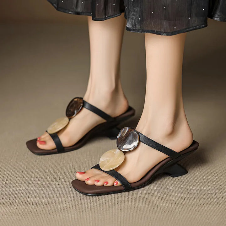 NEW Summer Women Slippers Genuine Leather Shoes for Women Square Toe Strange Heel Sandals Open Toe Slingback Modern Slippers