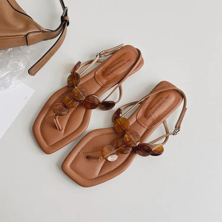 Korean Edition Simple Toe Sandals Women 2026 New Casual Flat Heel One Word Buckle Comfortable Sandals Summer