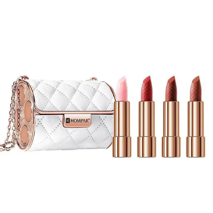 Chain Bag Lipstick Set 4 Color Long Lasting Matte Lip Stick White Leather Gift Box for Girl Women's Birthday Gift makeup