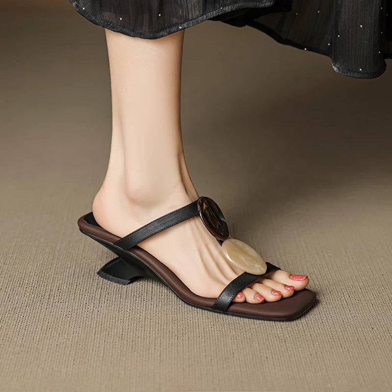 NEW Summer Women Slippers Genuine Leather Shoes for Women Square Toe Strange Heel Sandals Open Toe Slingback Modern Slippers