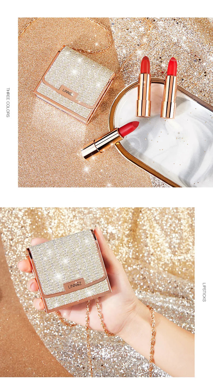 Matte Lipstick Set 3 Colours with Silver Chain Bag Waterproof Non-Stick Long Lasting Red 3.5gx3pcs
