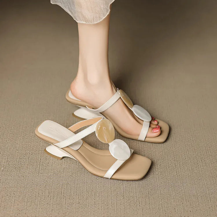 NEW Summer Women Slippers Genuine Leather Shoes for Women Square Toe Strange Heel Sandals Open Toe Slingback Modern Slippers
