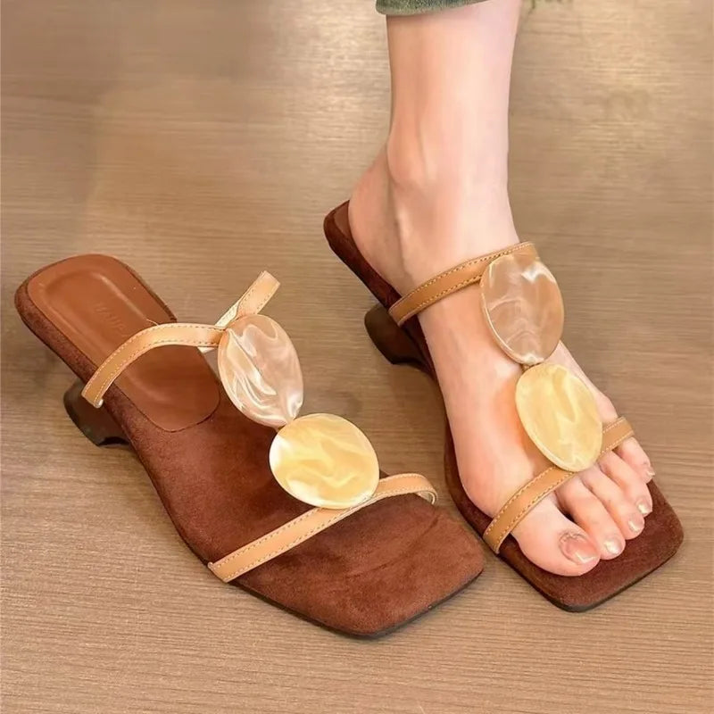 Women Slippers 2026 New Summer Trendy Square Toe Thin Strap Sandals Fashion Retro Handmade Casual Comfortable Female Shoes