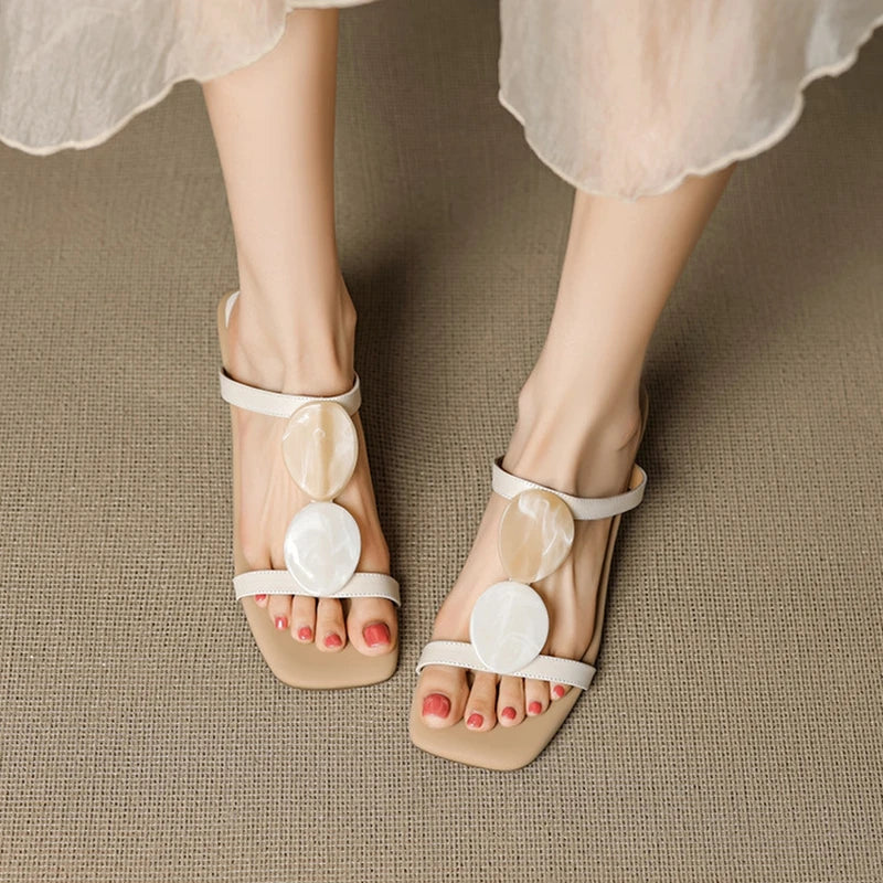 NEW Summer Women Slippers Genuine Leather Shoes for Women Square Toe Strange Heel Sandals Open Toe Slingback Modern Slippers