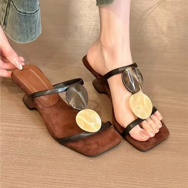 Women Slippers 2026 New Summer Trendy Square Toe Thin Strap Sandals Fashion Retro Handmade Casual Comfortable Female Shoes