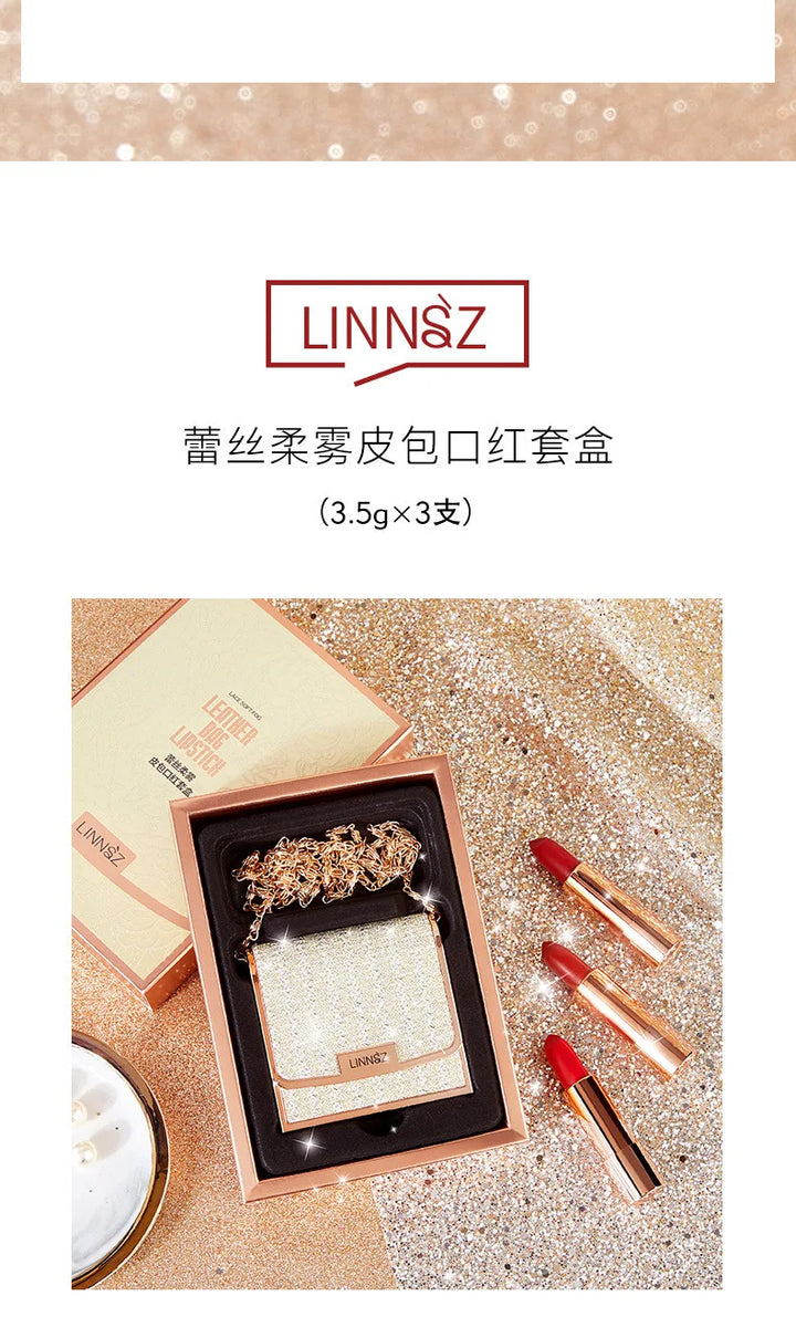 Matte Lipstick Set 3 Colours with Silver Chain Bag Waterproof Non-Stick Long Lasting Red 3.5gx3pcs
