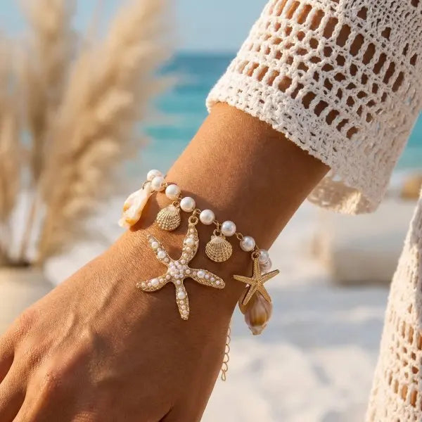 Starfish Shell Conch Imitation Pearl Anklet Bohemian Beach Vacation Style Fashion Accessory Holiday Gift