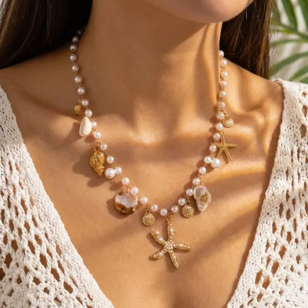 Starfish Shell Conch Imitation Pearl Anklet Bohemian Beach Vacation Style Fashion Accessory Holiday Gift
