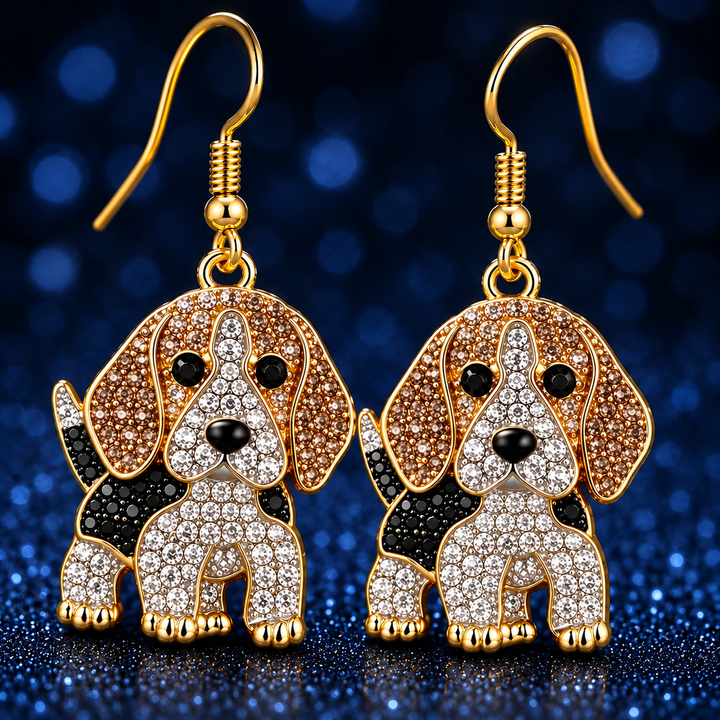 Pair of beagle earrings in the standing pose, tri-color rhinestone pave with champagne ears and black saddle, on gold-tone French hooks