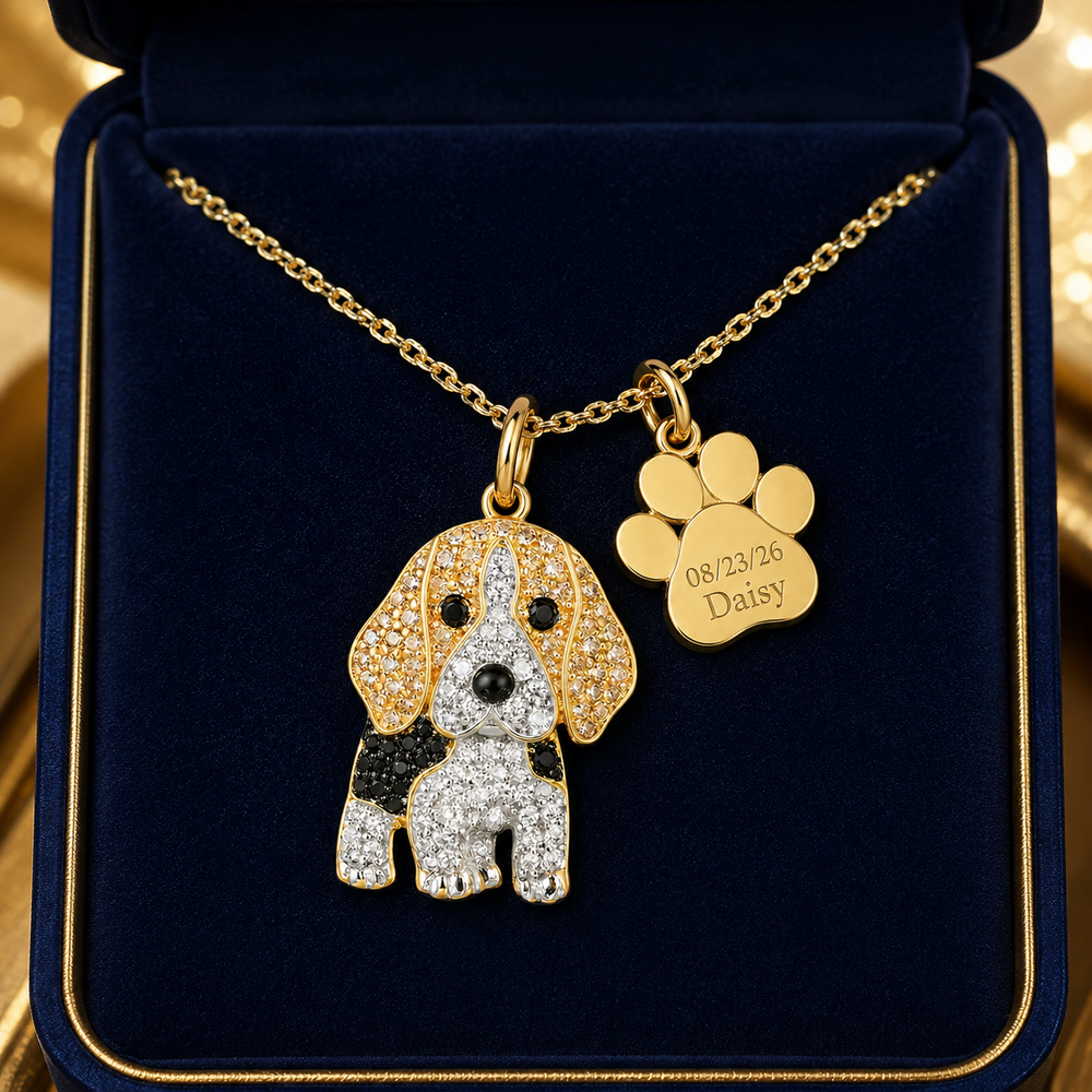 Baylor Beagle Necklace shown with the engraved paw charm in a gift box
